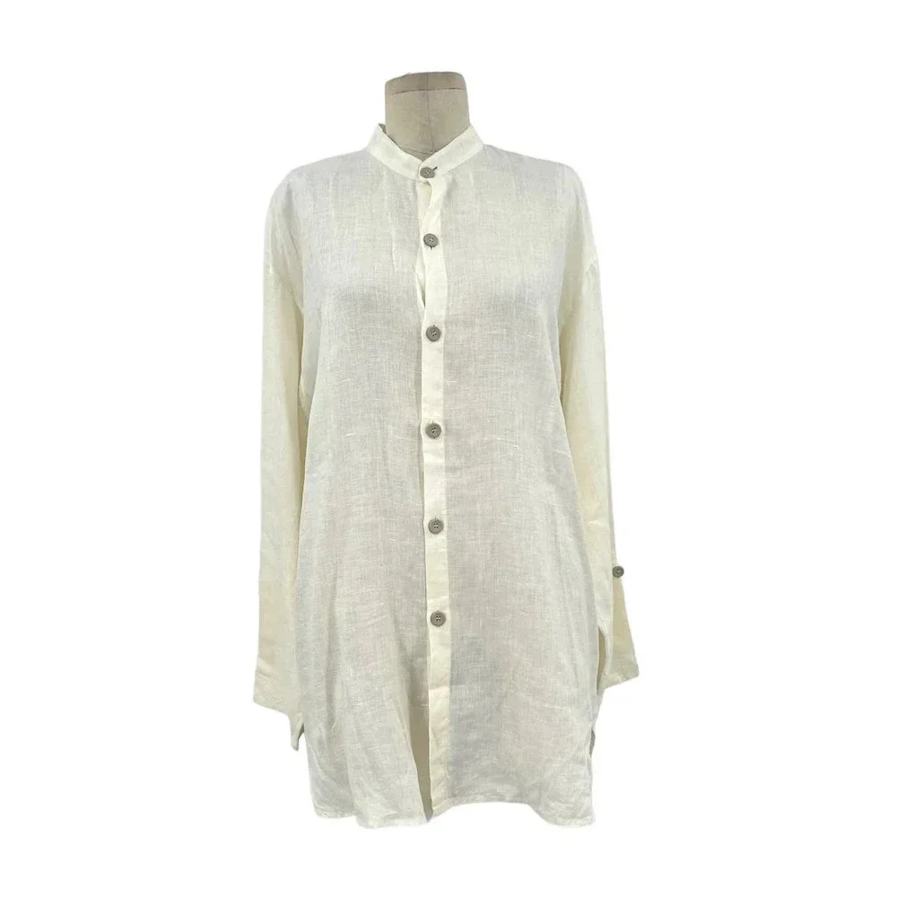 FLAX Linen Lagenlook Button Down Front Tunic Top White Cream‎ Size Small